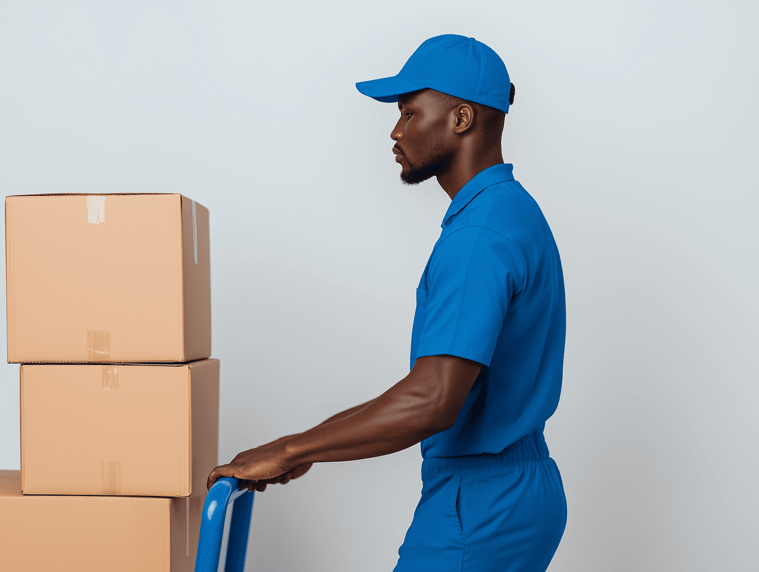 Delivery operative moving stacked cartons on a hand truck
