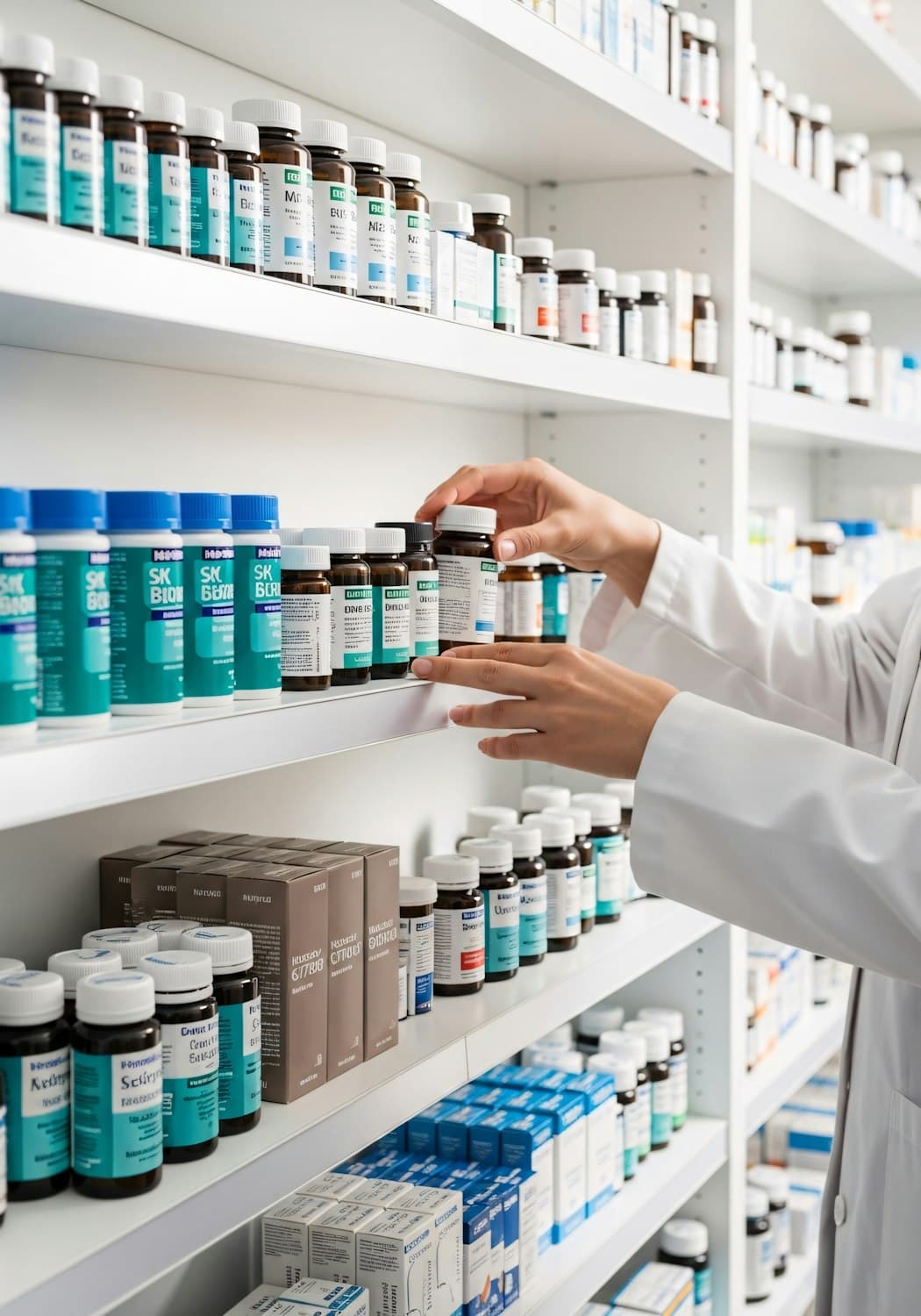 Pharmacist arranging medicine stock across pharmacy shelving