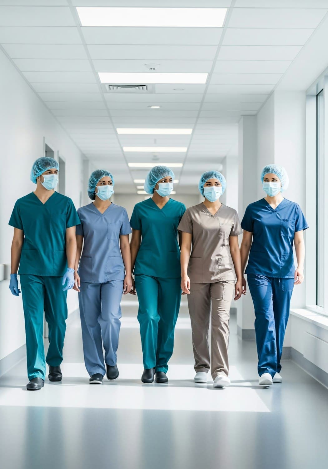 Clinical team walking through a hospital corridor