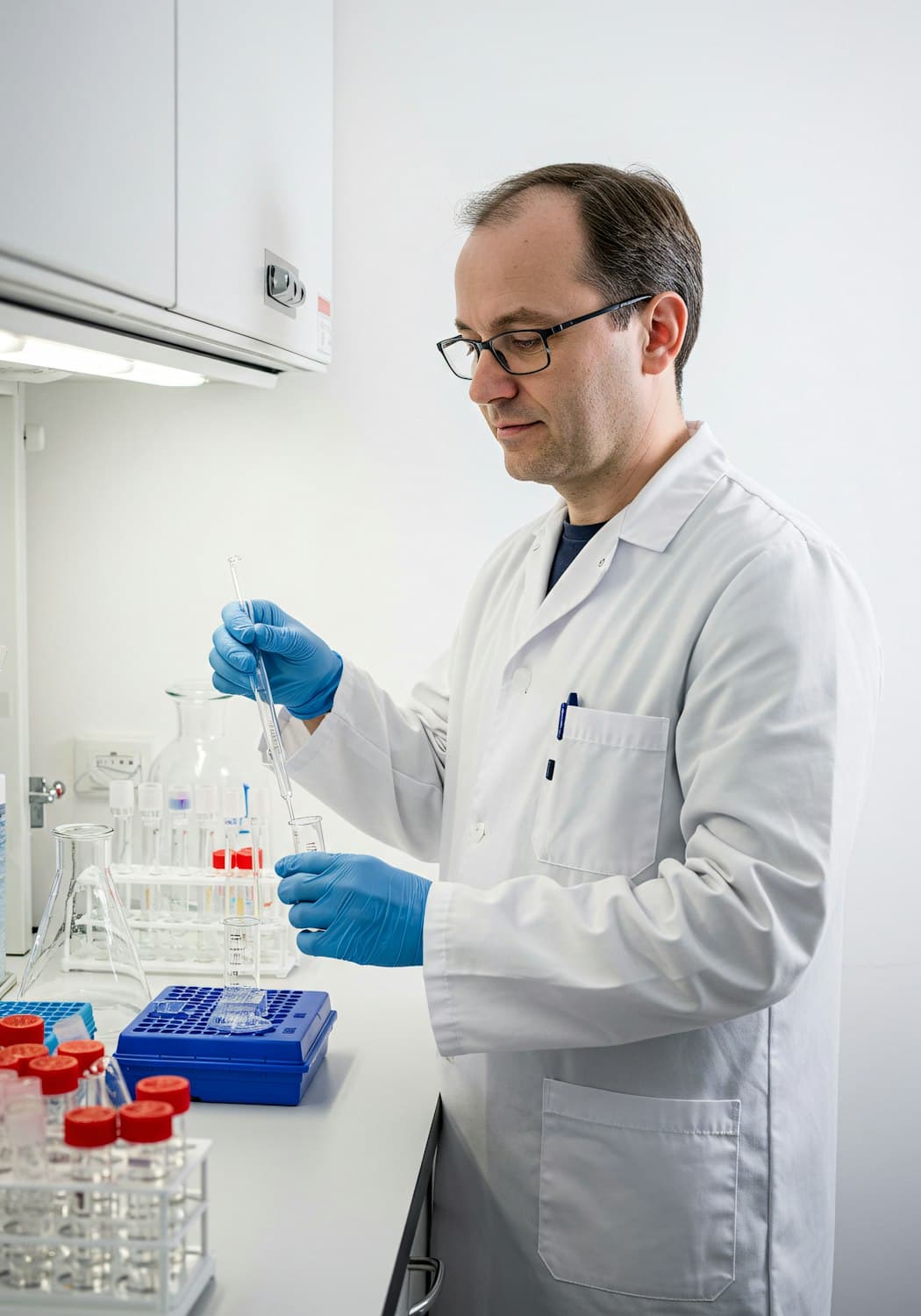 Technician pipetting a sample during quality control testing