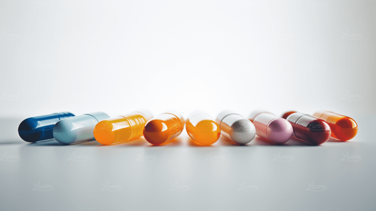 Assorted capsules laid out during pharmaceutical production