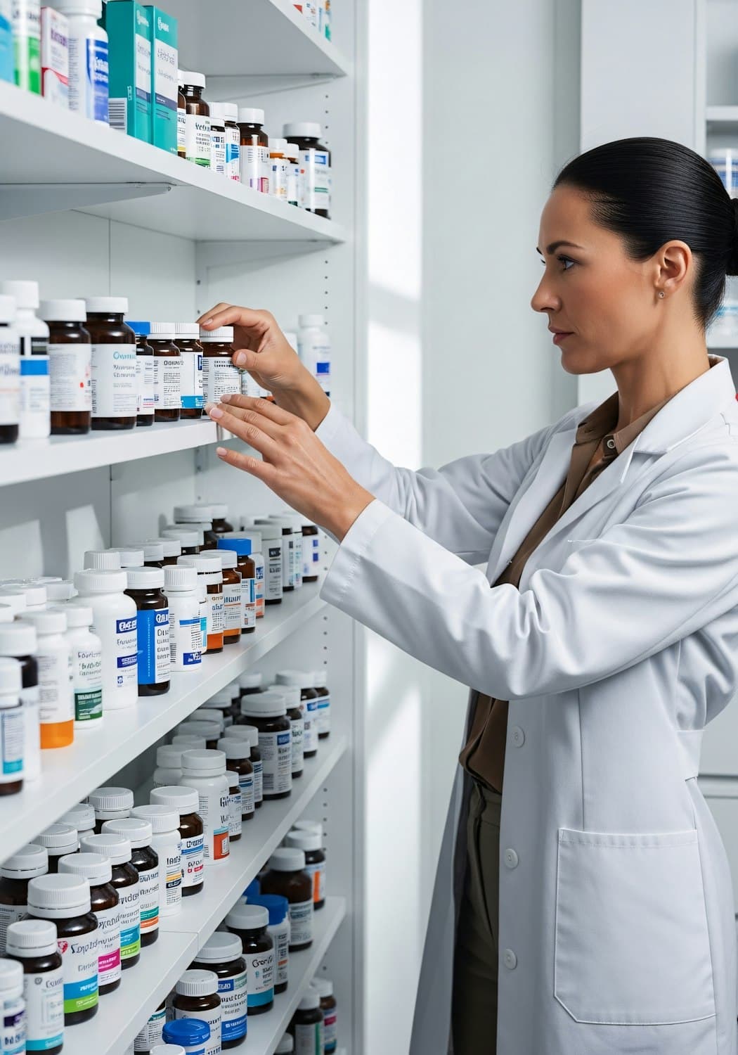 Pharmacist arranging medicine stock on warehouse shelving